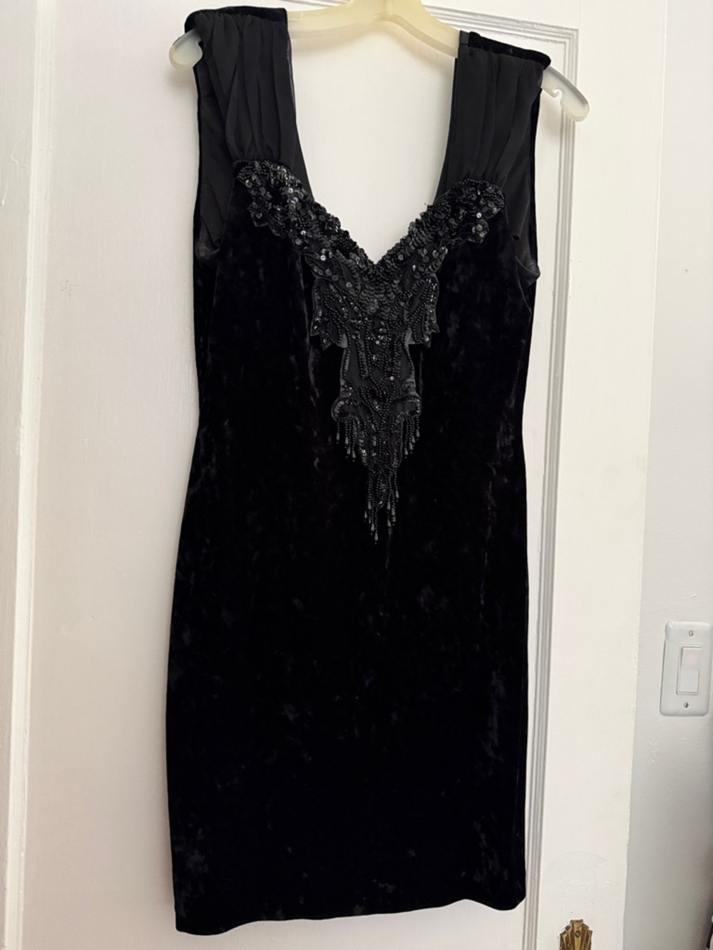 Black Velvet Beaded Mini Dress - Sleeveless V-Neck